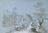 LUDOVICO LAMBERTI, attr. to, Country Landscape with Bridge and Two Figures, pen and brush, heightened with white